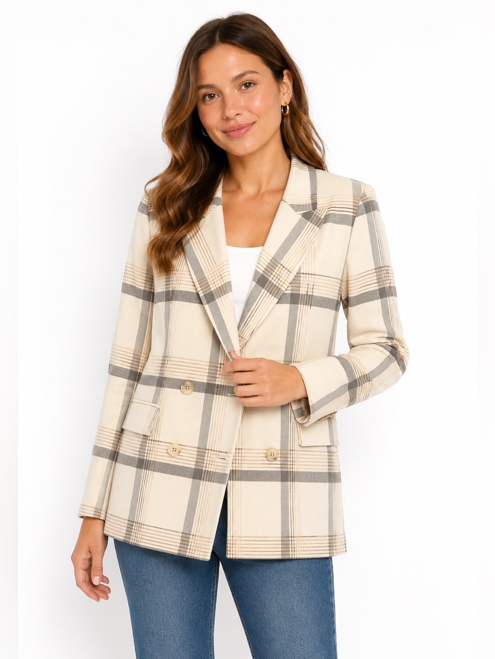 Maison D’Amelie Wool Blend Plaid Double Breasted Blazer Cream Gray M